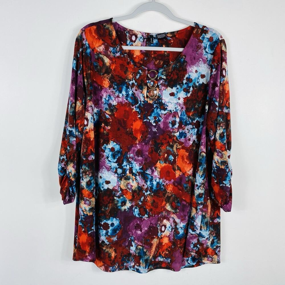 New Directions Size XL Watercolor Floral Ruched Sleeve Blouse Top Stretch Casual